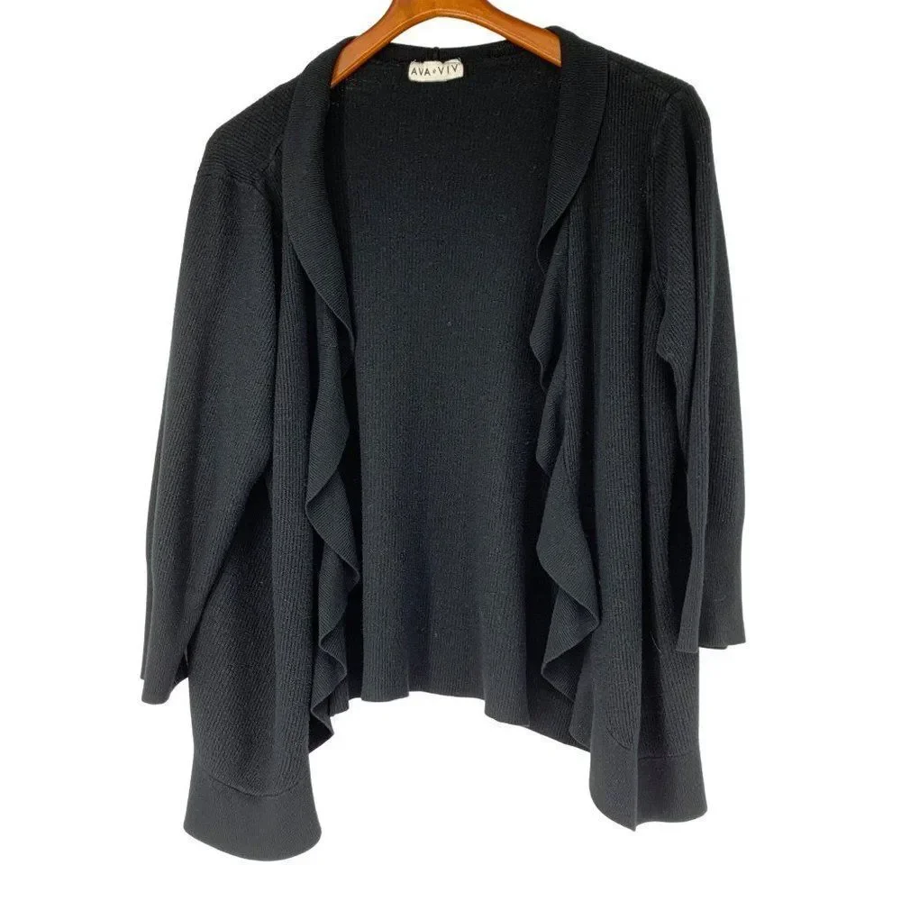 Ava & Viv Cardigan Ruffle Black 3X Women Sweater Open 3002 Viscose Knit 3/4 Sl